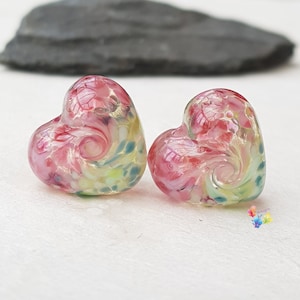 Lampwork Beads Handmade, Watermelons 50/50 Twist Heart Pair, Glass Beads, green pink