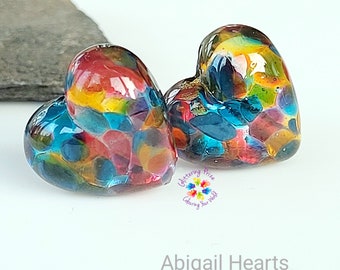 Lampwork Beads Handmade, Abigail Stained Glass Heart Pair, Glass Beads, purple amethyst green aqua stained glass made to order