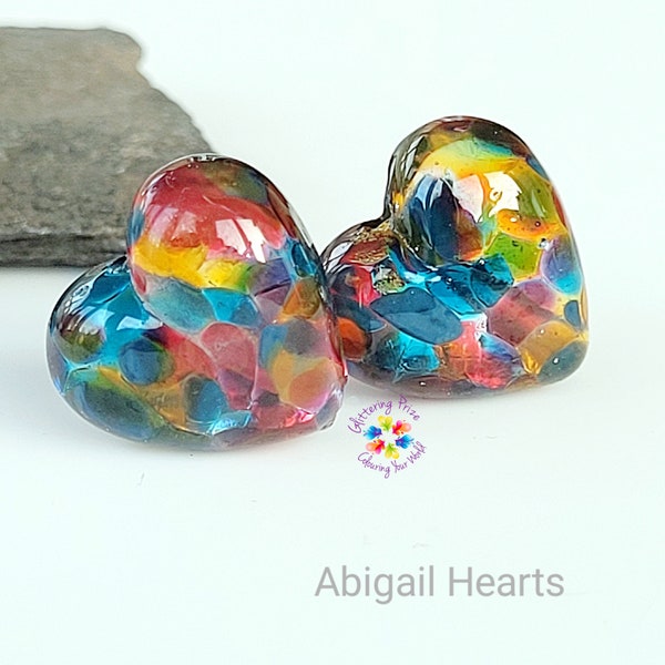 Lampwork Beads Handmade, Abigail Stained Glass Heart Pair, Glass Beads, purple amethyst green aqua stained glass made to order