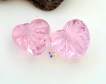 Lampwork Glass Beads Handmade, Rose Pink Starburst Crystal Cut Effect Heart Pair, Glass Beads, Czech