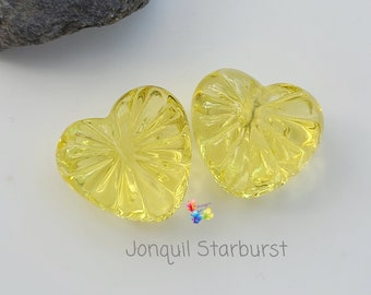 Lampwork Glass Beads Handmade, Jonquil Starburst Crystal Cut Effect Heart Pair, Glass Beads, yellow  made to order