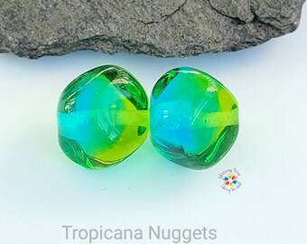 Lampwork Beads, Ombre Beads, Blue & Green Two Tone Nuggets Pair Tropicana made to order
