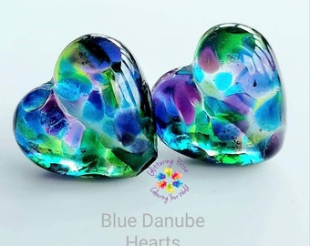 Lampwork Beads Handmade, Blue Danube Heart Pair, Glass Beads, pink orange yellow  stained glass made to order