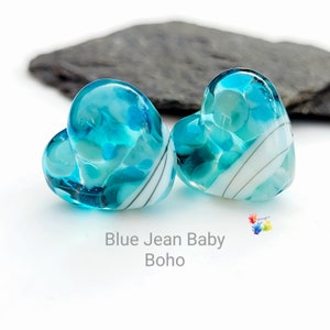 Lampwork Beads Handmade, Blue Jean Baby Boho Heart Pair, Glass Beads, blue green beads made to order