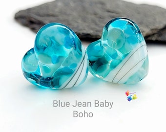 Lampwork Beads Handmade, Blue Jean Baby Boho Heart Pair, Glass Beads, blue green beads made to order