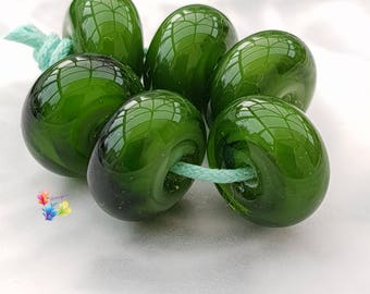 Lampwork Beads Handmade, Small Beads, Mystic Green, pearlescent lustre  made to order