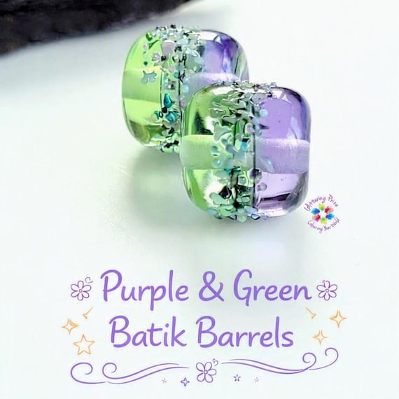 Lampwork Beads Batik Blossom Pair Green & Purple Barrels