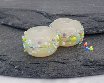 Lampwork Beads Handmade, Small Beads, Ecru Chelsea Blossom Pair pastel rainbow made to order