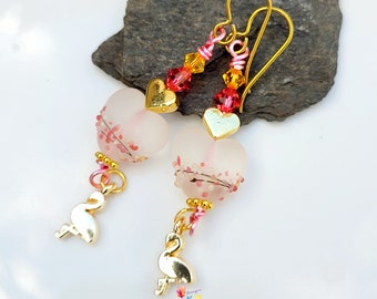 Niobium Dangle Earrings, Coral Blossom Heart and Gold Flamingo Earrings, Hypo Allergenic Earrings, Lampwork Jewellery, charm earrings