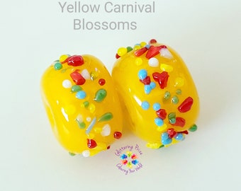 Lampwork Glass Beads Yellow Carnival Rainbow Blossom Pair red blue green white made to order