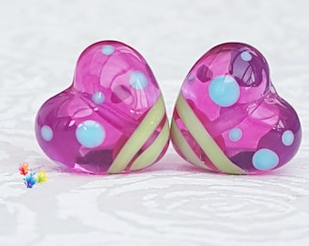 Lampwork Beads Handmade, Hot Pink Juicy Heart Pair, Glass Beads, green, blue beads viva Magenta  made to order