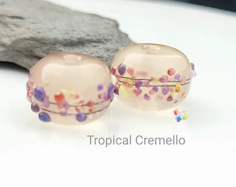 Lampwork Beads Handmade, Tropical Cremello Blossom Pair, Glass Beads, pink purple peach