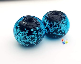 Lampwork Beads Neon Blue Turquoise Sparkle Round Pair, glass beads, glitter beads, handmade, jewel tone shimmer beads made to order