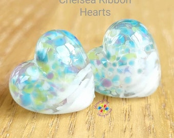 Lampwork Beads Glass Beads Chelsea Ribbon Heart Pair Small pink purple green blue yellow white made to order