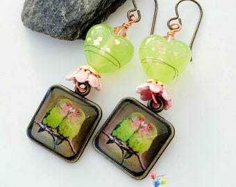 Niobium Dangle Earrings, Lovebird Earrings, Hypo Allergenic Earrings, Lampwork Jewellery, Crystal Jewelry, green peach multicolor