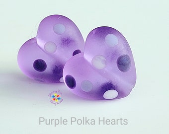 Lampwork Glass Beads Perfect Purple Dottie Heart Pair  lavender white frosted matt made to order