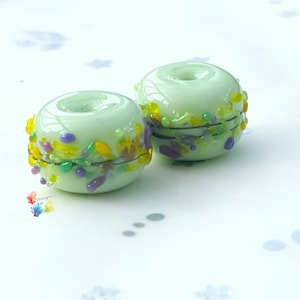 Lampwork Beads Handmade, Small Beads, Springtime Mint Crocus Blossom Pair made similar to order