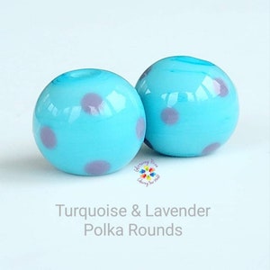 Lampwork Beads Handmade, Small Pair, Turquoise Lavender Polka Rounds  blue purple  made to order
