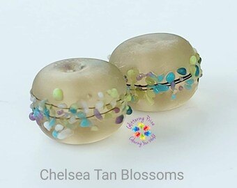 Lampwork Beads Chelsea Tan Blossom Mix Pair brown blue green purple pastel made to order