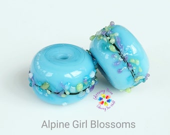 Lampwork Beads Handmade, Small Beads, Alpine Girl Blossom Pair blue pastel purple green made to order
