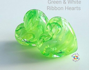 Lampwork Beads Handmade, Green & White Ribbon Heart Pair, Glass Beads, lime grass
