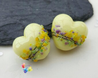 Lampwork Beads Lemon Crocus Blossom Heart Pair  made to order