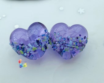 Lampwork Beads   Heart Pair Shiny Purple Batik Hearts