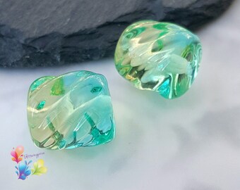 Lampwork Beads Handmade, Ombre Beads, Small Beads Aqua & Lemon Ombre Twists Pair, Two Tone