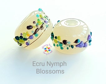 Lampwork Beads Handmade, Small Beads, Glass Beads, Cream Beads, Ecru Nymph Blossom Pair green aqua neutral made to order