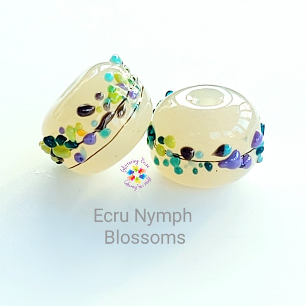 Lampwork Beads Handmade, Small Beads, Glass Beads, Cream Beads, Ecru Nymph Blossom Pair green aqua neutral made to order