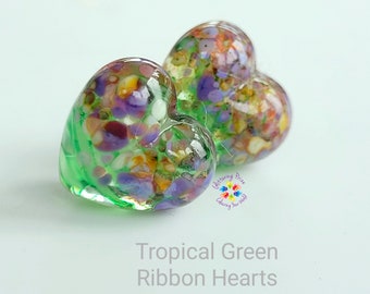 Lampwork Beads Glass Beads Tropical Green Ribbon Heart Pair Small green pink purple  made to order