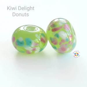 Lampwork Beads Handmade, Delightful Kiwi Donut Pair, green beads, pink blue green pastel milky   made similar to order