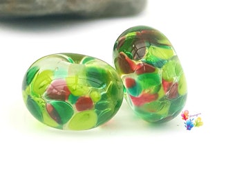 Lampwork Beads Handmade, Ruby Fields Donut Pair, green beads, pink beads, ruby emerald