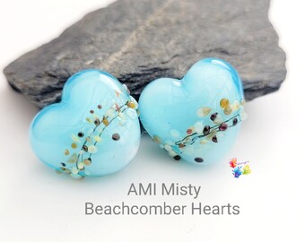 Lampwork Beads Handmade, small beads, earring pair, glass hearts, glass beads, AMI Misty Beachcomber Heart Pair blue rustic brown Beach