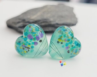 Lampwork Beads Handmade, Atoll Milky Nymph Scribble Heart Pair, Glass Beads, green purple