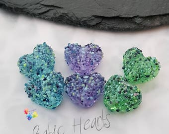 Lampwork Beads Handmade, Small Beads, Glass Hearts, Batik Blossom Love Heart Pair, Blue, Purple Green Beads