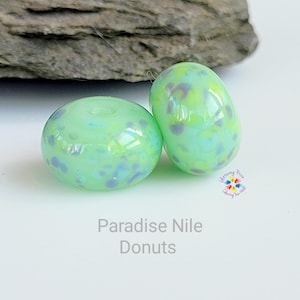Lampwork Beads Handmade, Paradise Nile Pair, Donut Beads opal green purple blue green  made to order