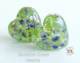 Lampwork Beads Handmade, Scottish Green Glass Heart Pair, Glass Beads, pale emerald purple Violet tanzanite stained glass made to order