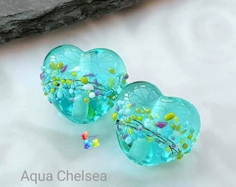 Lampwork Beads Handmade, small beads, earring pair, glass hearts, glass beads, Chelsea Aqua Heart Pair, Blue Glass Hearts, made to order