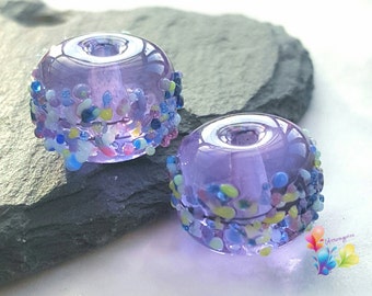 Lampwork Beads Shiny Lavender Batik Blossom Mix Pair  made to order