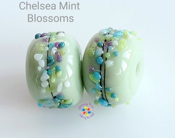 Lampwork Beads Handmade Chelsea Mint Blossom Pair Small Beads, green purple pink blue  made to order