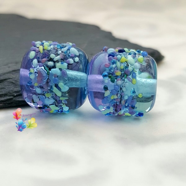 Lampwork Beads handgefertigt, Lila & Blau Batik Blüte Paar glänzend