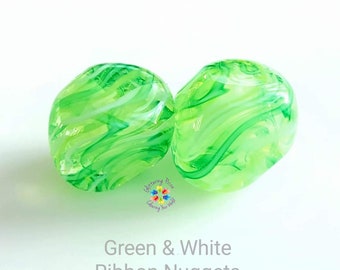 Lampwork Beads Handmade, Green & White Ribbon Nugget Pair, Glass Beads, lime grass