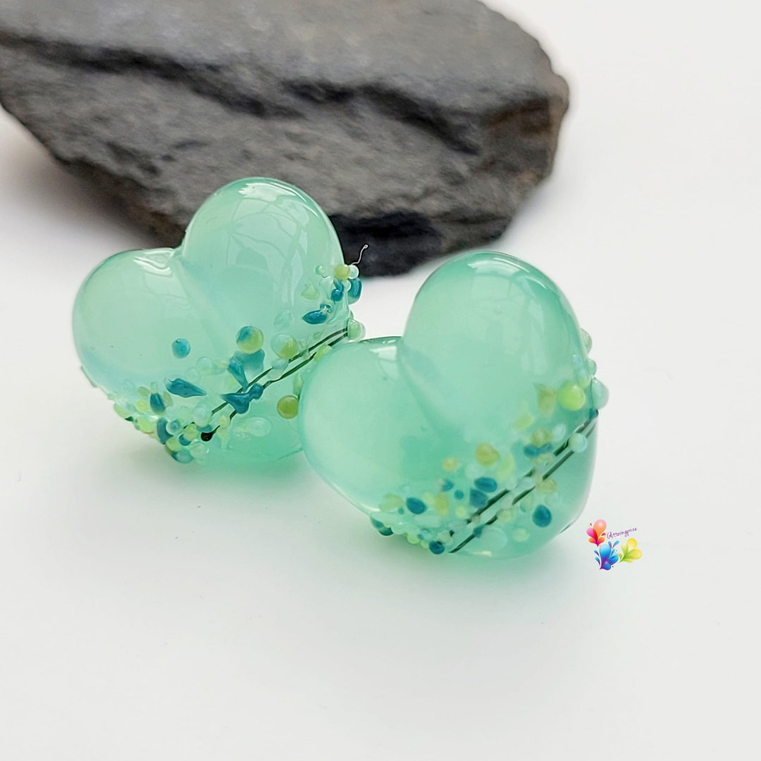 Lampwork Beads Handmade, Small Pair, Green Beads, Seaglass Atol Milky ...