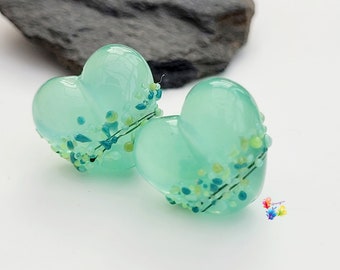 Lampwork Beads Handmade, Small Pair, Green Beads, Seaglass Atol Milky Derry Hearts Irish