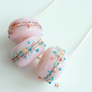 Sterling Silver Beaded Necklace, Lampwork Necklace Primrose Crushed Shell Blossoms,