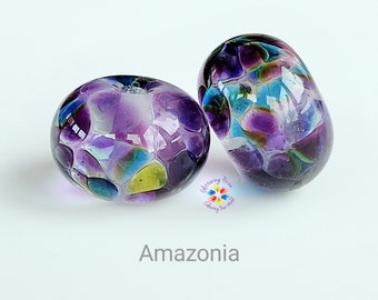 Lampwork Beads Handmade, Amazonia Rainbows Pair, Donut Beads purple blue green