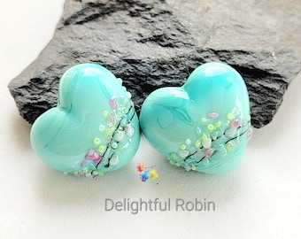 Lampwork Beads Handmade, Small Pair, Blue Beads, Delightful Robin Hearts