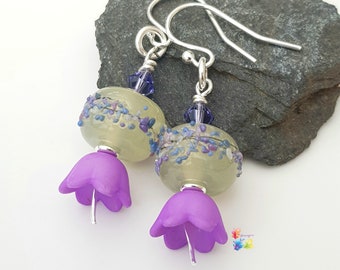Silver Dangle Earrings, Lavender Blossom Flower Earrings, Sterling Silver, Lampwork Jewellery, Crystal Jewelry, Mothers day gift  purple