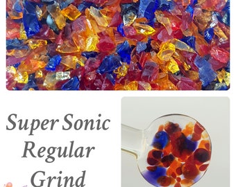 SUPER SONIC, Lampwork Frit Blend, regular grind blend coe 94-96, Lampwork Supply, Glass Supply, Fusing, purple, Orange, Red, stained glass
